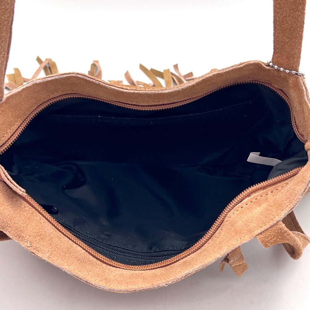 Genuine Leather Fringe Handbag Purse Grommet Brown Shoulder Strap Zip Pockets - Picture 6 of 12